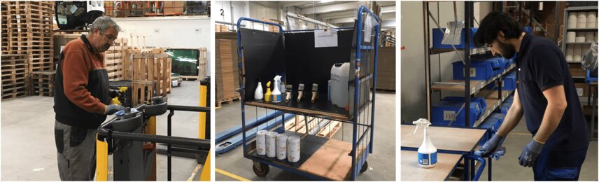 Employees disinfecting the work equipment & disinfection station in the warehouse